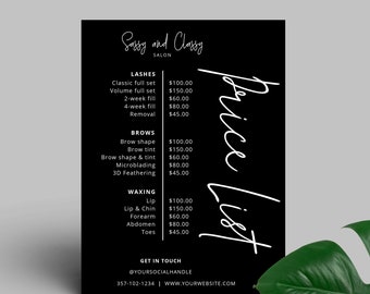 Lista de precios para negocios, plantilla de menú editable, hoja de precios imprimible, guía de precios minimalista para salones de belleza, lista de precios de belleza, digital M-001