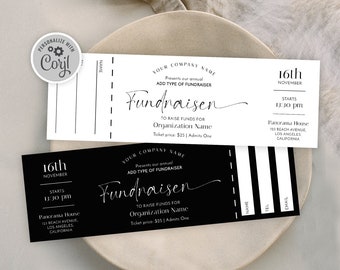 Charity Ticket Template, Fundraiser Raffle Token Template, Editable Business Event Entry Ticket With Stub Elegant Black & White, M-004