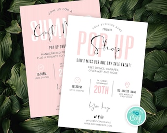 Szablon ulotki Feminine Pop Up Shop, ulotkę cyfrową Summer Market, niestandardowy marketing sprzedaży butikowej, drukowane zaproszenie Sip & Shop P01