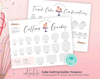 Wedding Cake Cutting Guides Template, Instant Party Cakes Cutting Instructions, Editable Serving Guide, Watercolor Bakery Printable, WCA-01