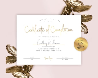 DIY Certificate of Completion Template, Printable Beauty Course Certificate, Lashes Award Template, Faux Gold Effect, Instant Access, GF-01
