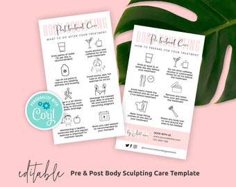 Plantilla de cuidados previos y posteriores al modelado corporal, tarjeta editable de cuidados posteriores al modelado corporal, instrucciones imprimibles para el cuidado del modelado corporal, instantánea, P01