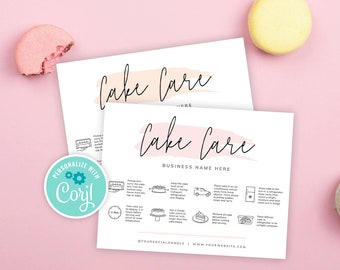 Editable Cake Care Card, Printable Cake Care Template, Pink Watercolor Wedding Cake Care Guide, Cake Transport Instructions, Instant, PW-001