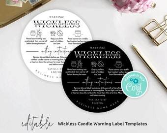 May include: Two round wickless candle warning label templates, one black and one white, with safety instructions and the text "Vanilla Mist 8 oz | 220g". The labels include the text "Wickless Candle Safety Instructions". The image also includes the text "editable" and "1.5", 2" and 3" sizes included".