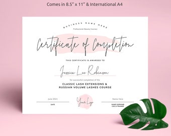 Certificate of Completion Template, Editable Lash Course Certificate Design, Printable Certificate of Appreciation, DIY Beauty Award, PW-001