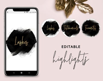 DIY Instagram Highlights, Editable Instagram Story Cover Template, Instagram Highlights Design, Black & Gold IG Template, Watercolor, BW-001