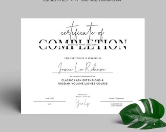 Certificate of Completion Template, Minimalist Beauty Course Certificate Design, Printable Completed Course Certificate, Lash Award, M-002