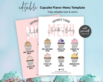 Editable Cupcakes Menu Template, Feminine Frosted Cupcake Flavor Sign, Printable 8x10" and 5.5x4.25" Bakery Tasting Muffins Menu P01