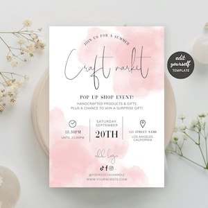 Ulotka Feminine Craft Market, Szablon marketingowy Summer Pop Up Shop, Wydrukowane zaproszenie na wydarzenie Sip & Shop, Ulotka promocyjna akwarela WS01