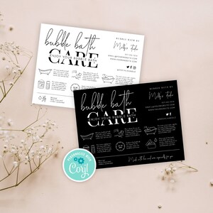 May include: Two cards with bubble bath instructions. One white, one black, both with the words "bubble bath care". The cards include illustrations and text about bath preparation, with contact details for "Milly's Studio".