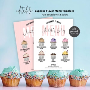 Modèle de menu modifiable de petits gâteaux, signe féminin de saveur de petit gâteau givré, menu imprimable de muffins de dégustation de boulangerie 20 x 10 po et 5,5 x 4,25 po P01