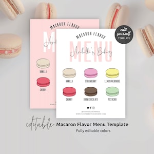 Editable Macarons Menu Template, Feminine Macarons Flavor Sign, Printable 8x10&quot; and 5.5x4.25&quot; Meringue Cookies Tasting Menu Design, P01