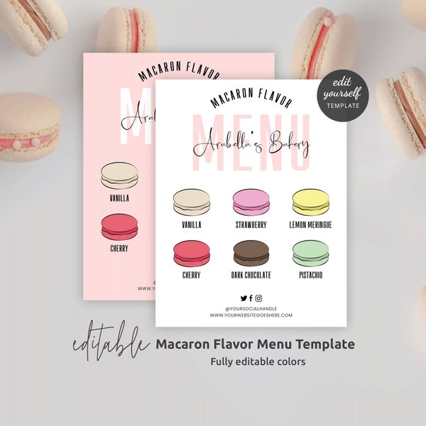 Editable Macarons Menu Template, Feminine Macarons Flavor Sign, Printable 8x10" and 5.5x4.25" Meringue Cookies Tasting Menu Design, P01