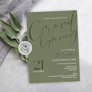 Szablon zaproszenia na otwarcie firmy Sage Green, ulotka marketingowa na imprezę inauguracyjną firmy DIY, minimalistyczne zaproszenie na imprezę korporacyjną do wydrukowania