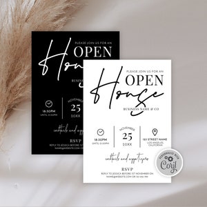 Modèle d'invitation porte ouverte minimale, flyer marketing événementiel personnalisable, invitation immobilière imprimable, noir et blanc moderne