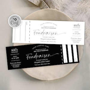 Charity Ticket Template, Fundraiser Raffle Token Template, Editable Business Event Entry Ticket With Stub Elegant Black & White, M-004