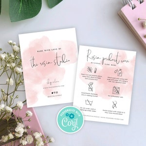 May include: A pink and white card with the text "the resin studio" and instructions for caring for resin products. The card includes icons for storing, washing, and avoiding harsh chemicals. The text "PERSONALIZE WITH Cory!" is on a teal circle.