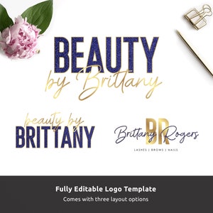 Customizable Logo Template, Lashes Logo Design, Blue Glitter & Gold Branding Set, DIY Beauty Logo, Instant Logo, Editable Navy Brand Kit