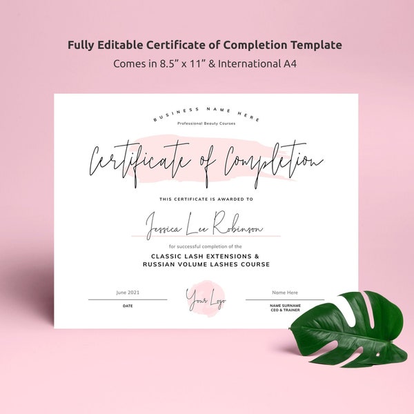 Vorlage für das Abschlusszertifikat, bearbeitbares Lash-Course-Zertifikatsdesign, druckbares Zertifikat für die Wertschätzung, DIY Beauty Award, PW-001