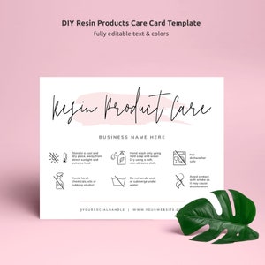 Tarjeta de cuidado de productos de resina, plantilla editable para el cuidado de posavasos de resina, guía imprimible para el cuidado de obras de arte con resina, tarjeta con instrucciones para el cuidado de resina femenina PW-001