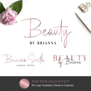Rose Gold Logo Template, Editable Metallic Logo for Beauty Salon, Lash Business Branding Template, Pink Gold Brow Logo Design, Instant Logo