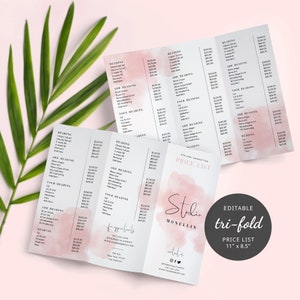 Modelo de lista de preços tripla, lista de preços para empresas "faça você mesmo", modelo de cardápio de serviços de salão de beleza, folha de preços dobrável em aquarela rosa, WS01