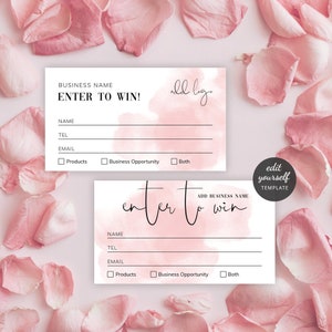Billet de tombola personnalisé rose blush, aquarelle féminine, modèle de jeton « Participez pour gagner », carte de visite modifiable et imprimable pour l'événement de tirage au sort, WS01