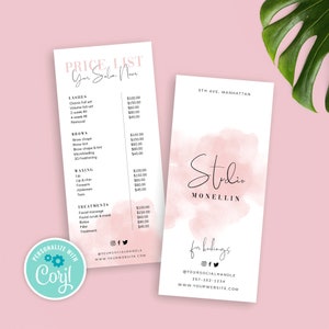 May include: A pink and white price list for a beauty salon called "Studio Monellin". The list includes services such as lashes, brows, waxing, and treatments. The salon is located at 5th Ave, Manhattan. The price list also includes social media handles and a website address.