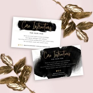 Plantilla de tarjeta de cuidado DIY, diseño de tarjeta con instrucciones de cuidado editables, tarjetas imprimibles para encartes de cuidado, negro y dorado, efecto acuarela BW-001