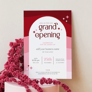 Sjabloon voor moderne grote opening, bewerkbare lanceringsflyer voor kleine bedrijven, rood en roze retro-ontwerp, marketingsjabloon voor bedrijfsevenement NF01