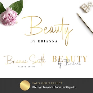 Faux Gold Logo Template, DIY Beauty Logo Design, Metallic Logo, Editable Branding Set, Lux Boutique Logos, Beauty Bar Instant Logo, GF-01