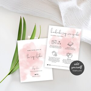 Handmade Soap Care Card Template, Custom Fresh Soap Care Guide, Instant Download, Handcrafted Soap Care Instructions, Pink Watercolor, WS01