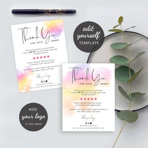 Bewerkbare bedankkaarten, afdrukbaar sjabloon voor bedankkaarten, ontwerp voor doe-het-zelfbedankkaarten, aquarel, Corjl