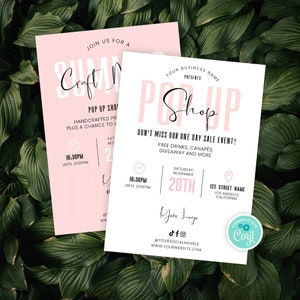 Plantilla de volante para tienda pop-up femenina, folleto digital para mercado de verano, marketing de rebajas personalizado, invitación imprimible para comprar y beber (P01)