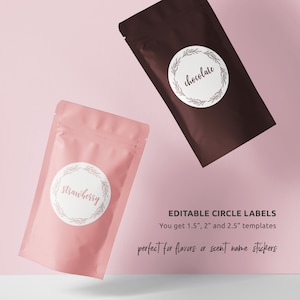 Flavor Circle Labels Template, Editable Round Scent Labels, Custom Product Labels with Wreath, Cake Flavour Labels, 1.5&quot;, 2&quot; and 2.5&quot; circle