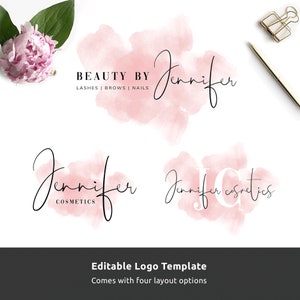 Elegant signature font logo template with pink waterbrush background. The logo pack includes three logo layouts, all have waterbrush background and a cursive font style, perfect for any feminine business or small boutique