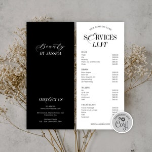 Elegant Business Price List Template, Minimal Nostalgic Script Beauty Salon Pricelist of Services, Printable Pricing Menu Rack Card 4x9 EN1