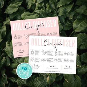 Puede incluir: Guía de cuidado rosa y blanca para un difusor de bala con instrucciones sobre cómo usar y cuidar el difusor. La guía incluye ilustraciones y texto. El texto incluye las palabras "Difusor de bala" y "Personalizar con Coril".