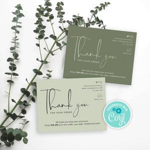 DIY-bedankt voor bestelkaarten, bedankt voor aankoop kaartsjabloon, afdrukbare bijsluiters, groen minimalistisch bedankje, bewerkbaar