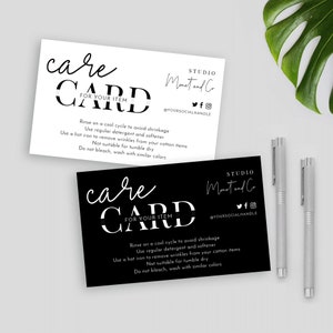 Plantilla de tarjeta de cuidado minimalista, tarjetas de cuidado personalizables, instrucciones de cuidado, diseño de tarjeta de cuidado para vasos, cuidado del producto, blanco y negro, M-002