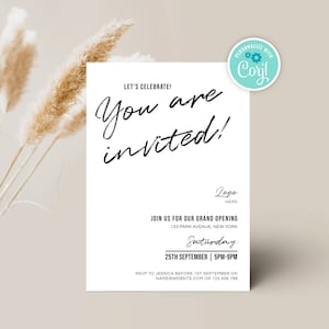 Modèle de Flyer d'inauguration d'entreprise, cartes de visite, script brosse moderne, invitation numérique, invitation à un événement de lancement d'entreprise imprimable