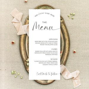 Modello di menu elegante per cena, menu modificabile per raccolta fondi di beneficenza, minimale in bianco e nero, biglietto da visita stampabile per eventi aziendali, M-004