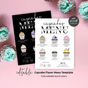 Modelo de cardápio de cupcakes faça você mesmo, lista de sabores de cupcakes minimalistas, placa para bolos de 20x25 cm e 14x10 cm para impressão, cardápio de muffin bar para impressão, M-002