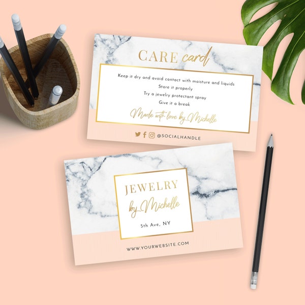 Marble & Gold Care Card Template, Editable Care Instructions Design, DIY Jewelry Care Cards, Printable Jewellery Care Parcel Inserts, MG01