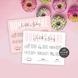 Druckbare Donuts-Pflegekarten, bearbeitbare Donut-Pflegeanleitungsvorlage, Kundenanweisungen für Desserts, Feminine Pink Bakery-Pflegehinweis, P01