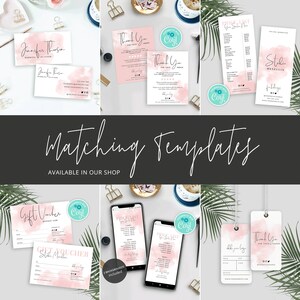 May include: A set of pink and white printable templates with a watercolor background. The templates include a gift voucher, a price list, a thank you card, a business card, and a social media post. The templates are designed for a wedding planner, a stylist, and a small business owner.