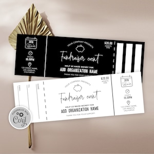 Fundraiser Event Ticket With Stub, Minimalist Charity Raffle Ticket Template 8.5" x 2.75", Editable & Printable Event Entry Pass, M-001