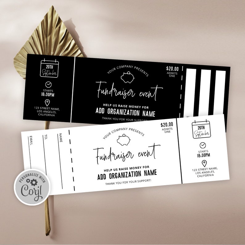Fundraiser Event Ticket With Stub, Minimalist Charity Raffle Ticket ...