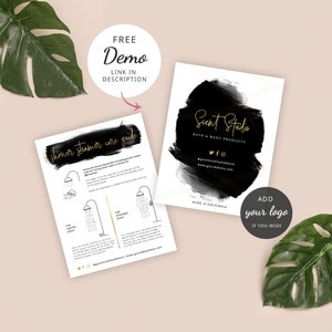 Shower Steamer Care Guide Template, Editable Shower Fizzer Care Cards, Black &amp; Gold Shower Bomb ...