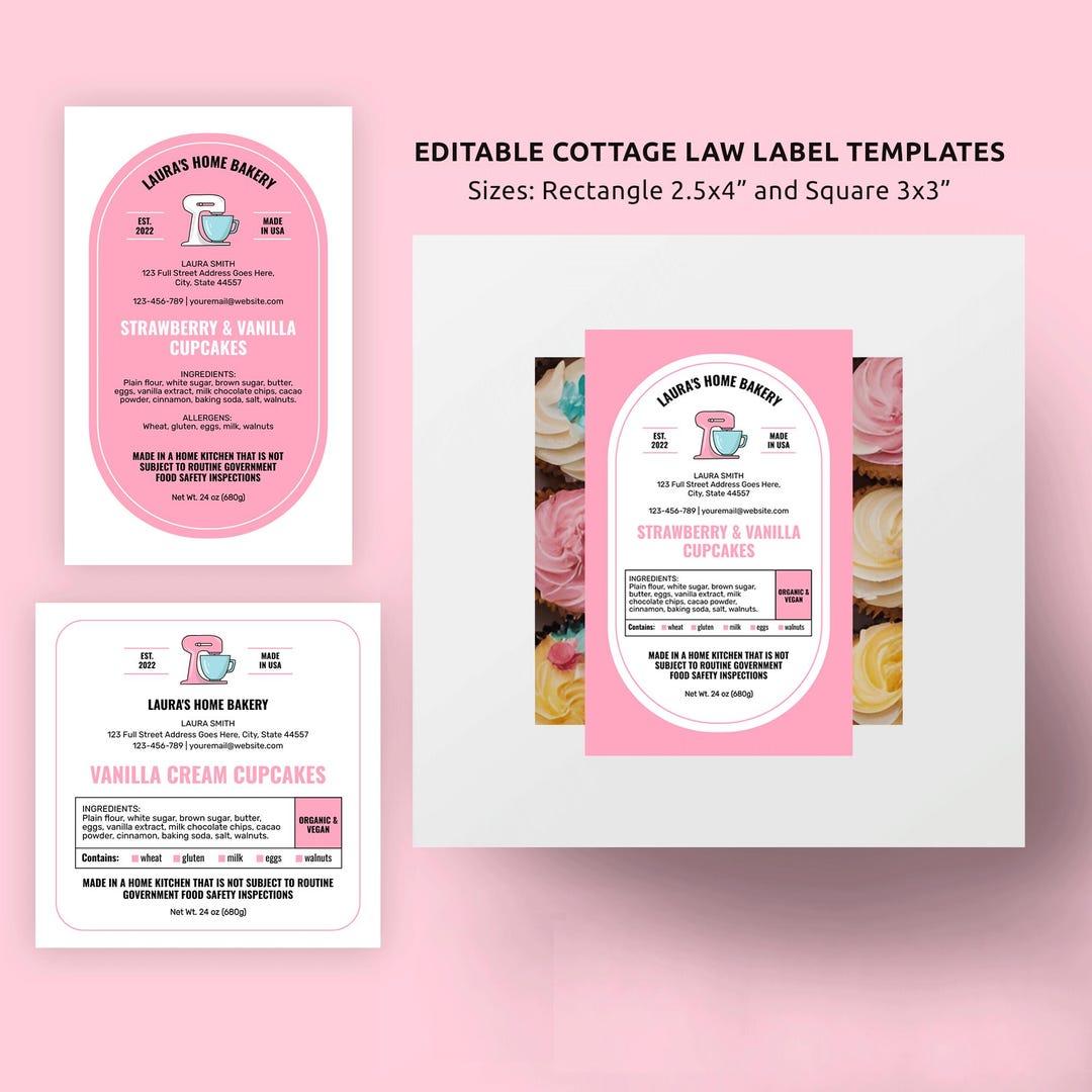 Pink Bakery Cottage Law Labels Template, Feminine Food License Stickers ...